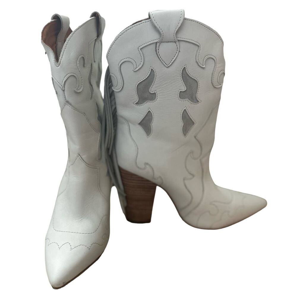 Dingo|Lady's Night Fringe Leather Boots|Stacked Heel|White|NWT|SZ 10‎